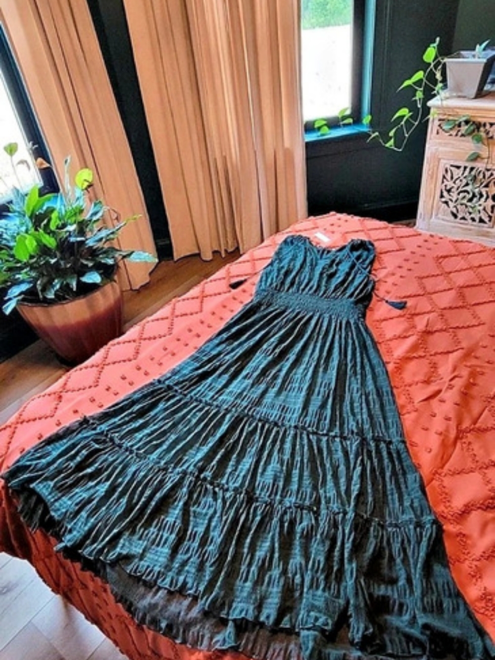 Max Studio Tiered Lace Mesh Maxi Dress Green Large